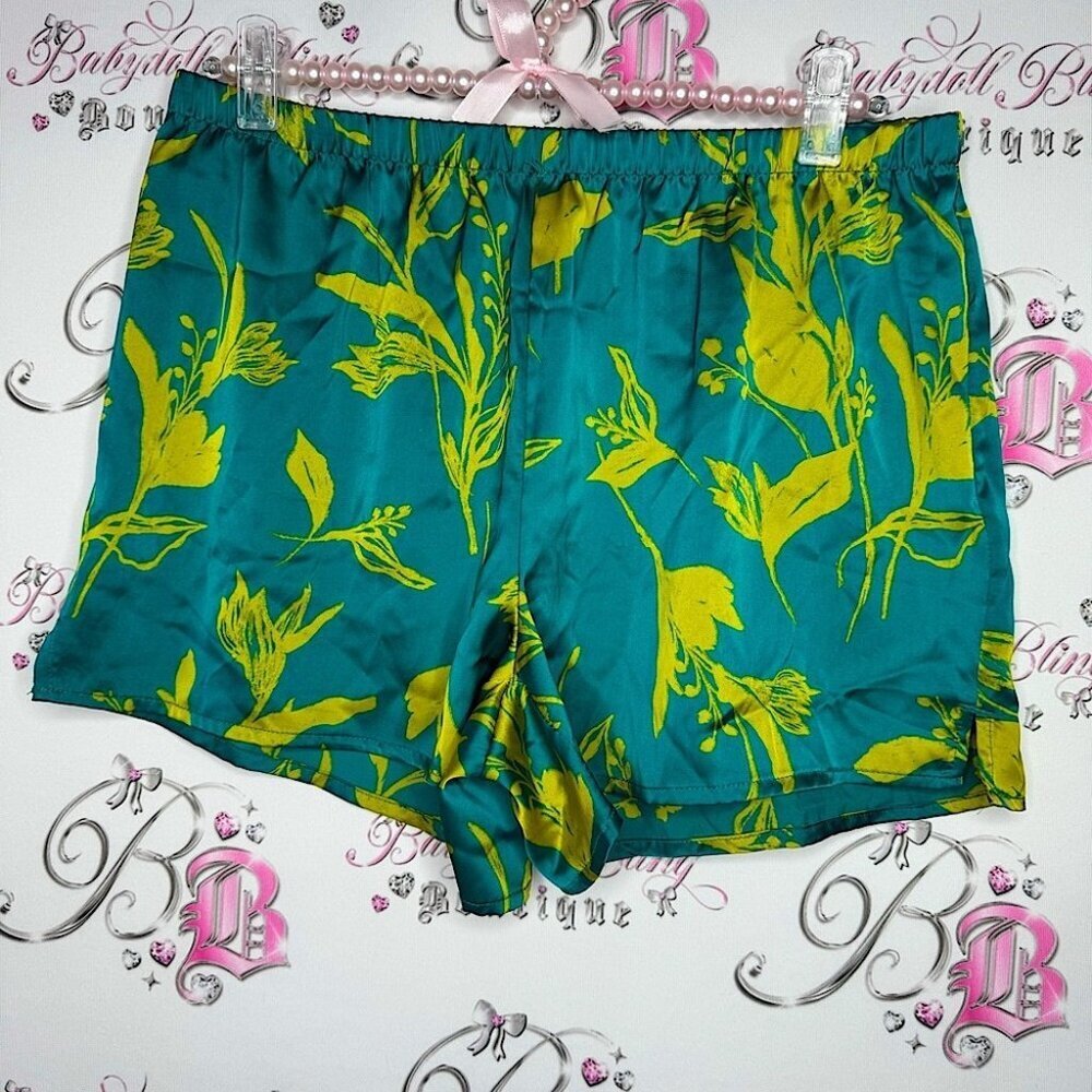Stars above shorts floral tropical silky satiny blue green luxe relaxed comfy